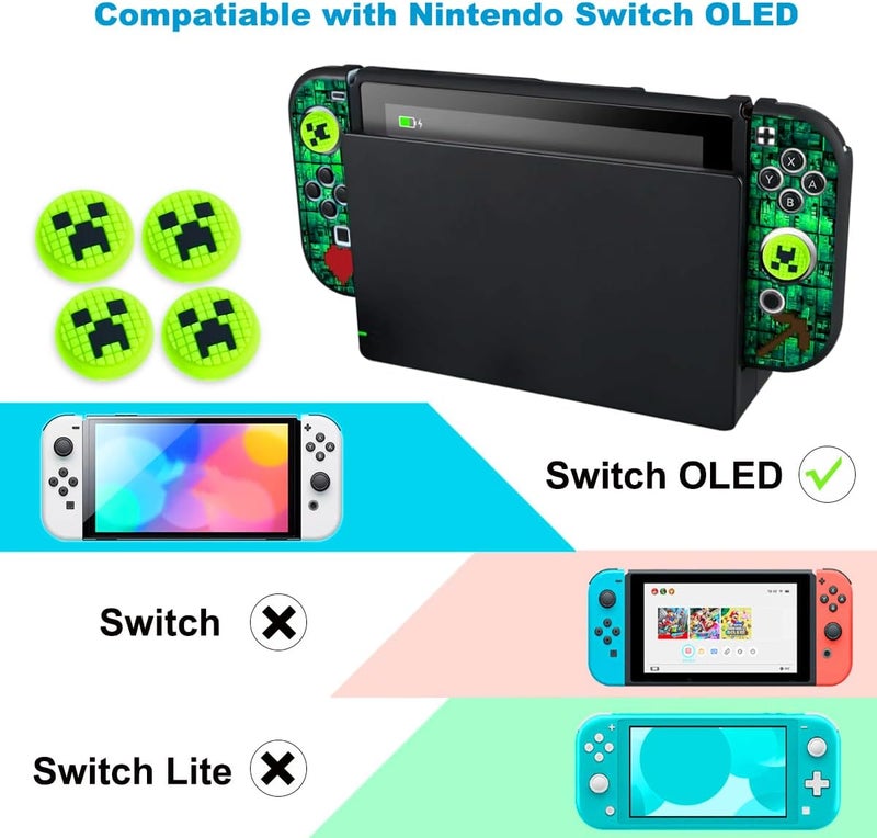 Sunmike Protective Case for Nintendo Switch OLED, Switch OLED Case & Cute Thumb Grips Caps Soft Dockable Cases Shock-Absorbent & Anti-Scratch Slim Cover Silicone Cases Protector & 4 Pcs Joystick Cover, Green - Image 3